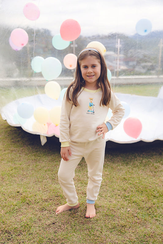 Conjunto Moletom Off com Detalhes Azul e Amarelo Estampa Gigi Patinete