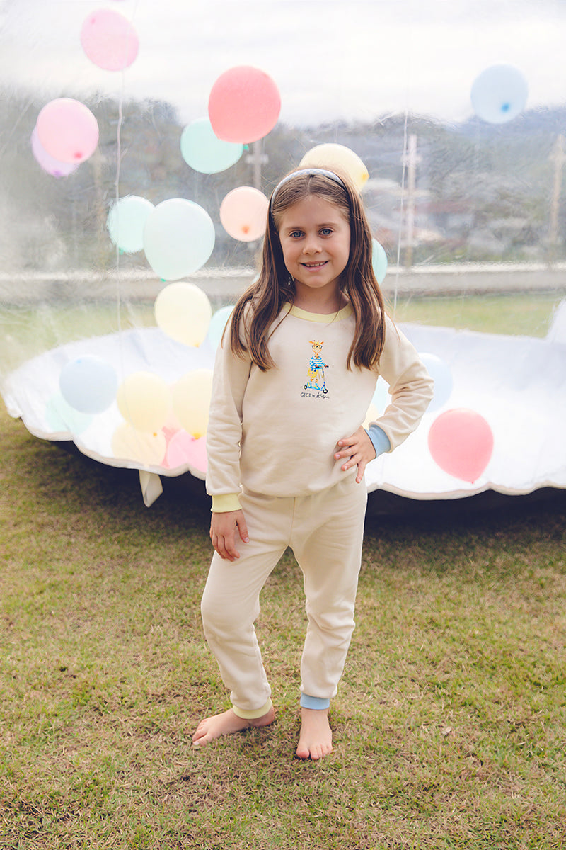 Conjunto Moletom Off com Detalhes Azul e Amarelo Estampa Gigi Patinete