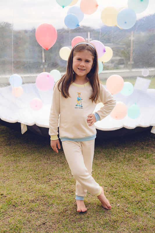 Conjunto Moletom Off com Detalhes Azul e Amarelo Estampa Gigi Patinete