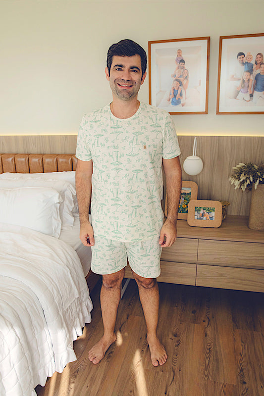 LEVES DEFEITOS - PIJAMA MASCULINO CAMISETA E SHORTS SAFARI VERDE
