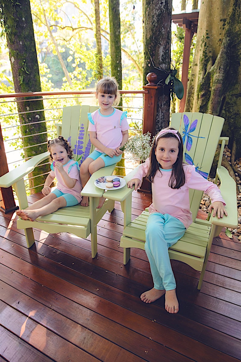 Conjunto Camiseta e Shorts Biker Rosa Bebê Com Azul Céu