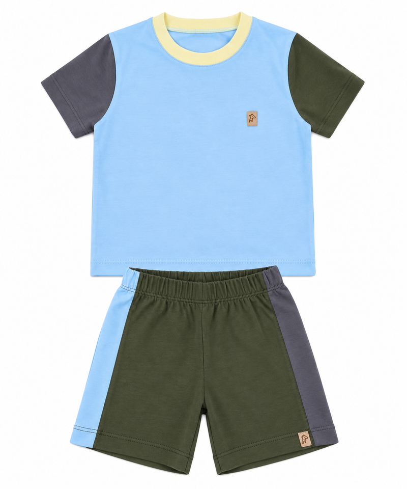 Conjunto Camiseta e Shorts Azul com Detalhes Militar e Cinza (Peça Foto)