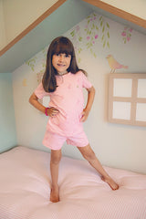 Conjunto Curto Camiseta e Shorts Listrado Rosa