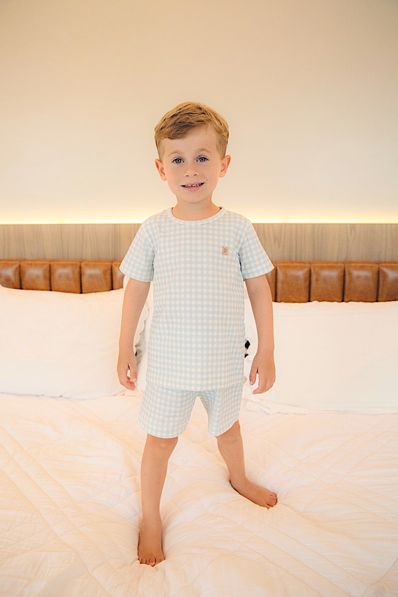 Camiseta Infantil Manga Curta Xadrez Azul
