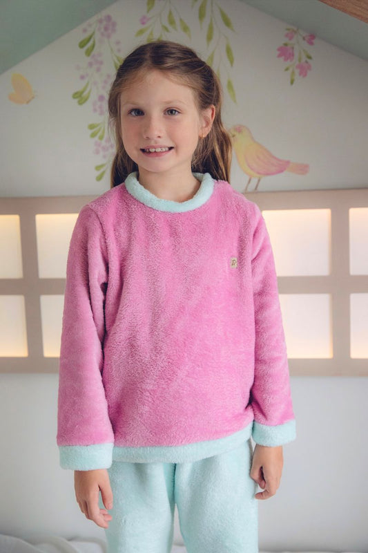 Conjunto Fleece Rosa Com Detalhes Azul Céu