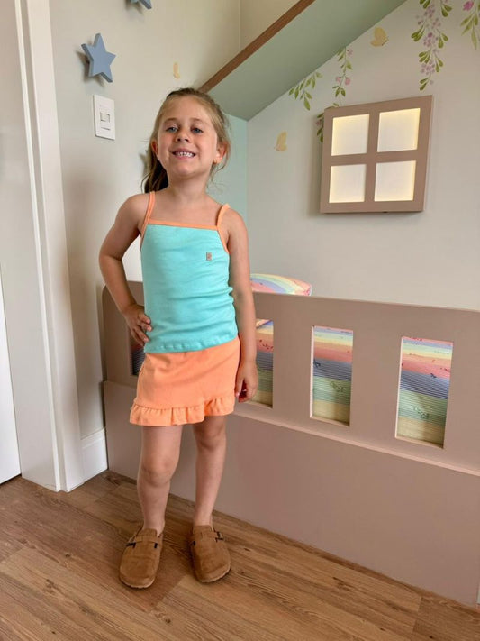Conjunto Ribana Shorts Saia e Regata Menta com Detalhes Coral