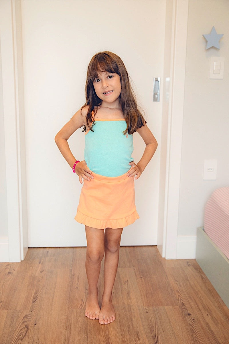 Conjunto Ribana Shorts Saia e Regata Menta com Detalhes Coral