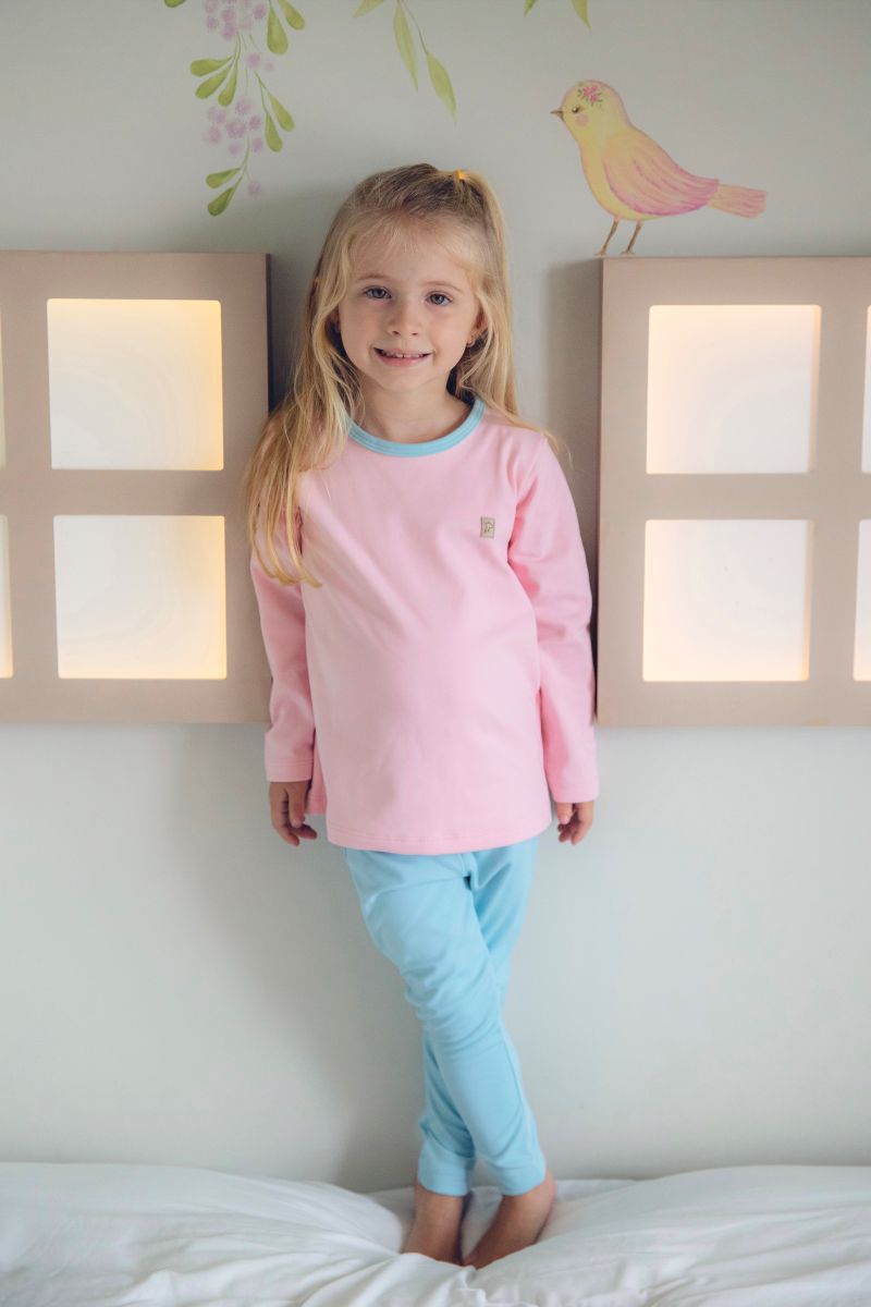 LEVES DEFEITOS - CONJUNTO TÉRMICO CAMISETA E CALÇA ROSA COM DETALHES AZUL