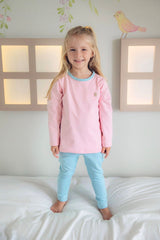 LEVES DEFEITOS - CONJUNTO TÉRMICO CAMISETA E CALÇA ROSA COM DETALHES AZUL