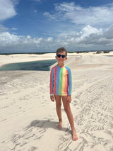 Conjunto Praia Camiseta e Sunga Boxer Xadrez Colorido Proteção UV50+