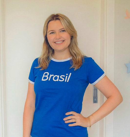 Camiseta Manga Curta Feminina Azul e Branco