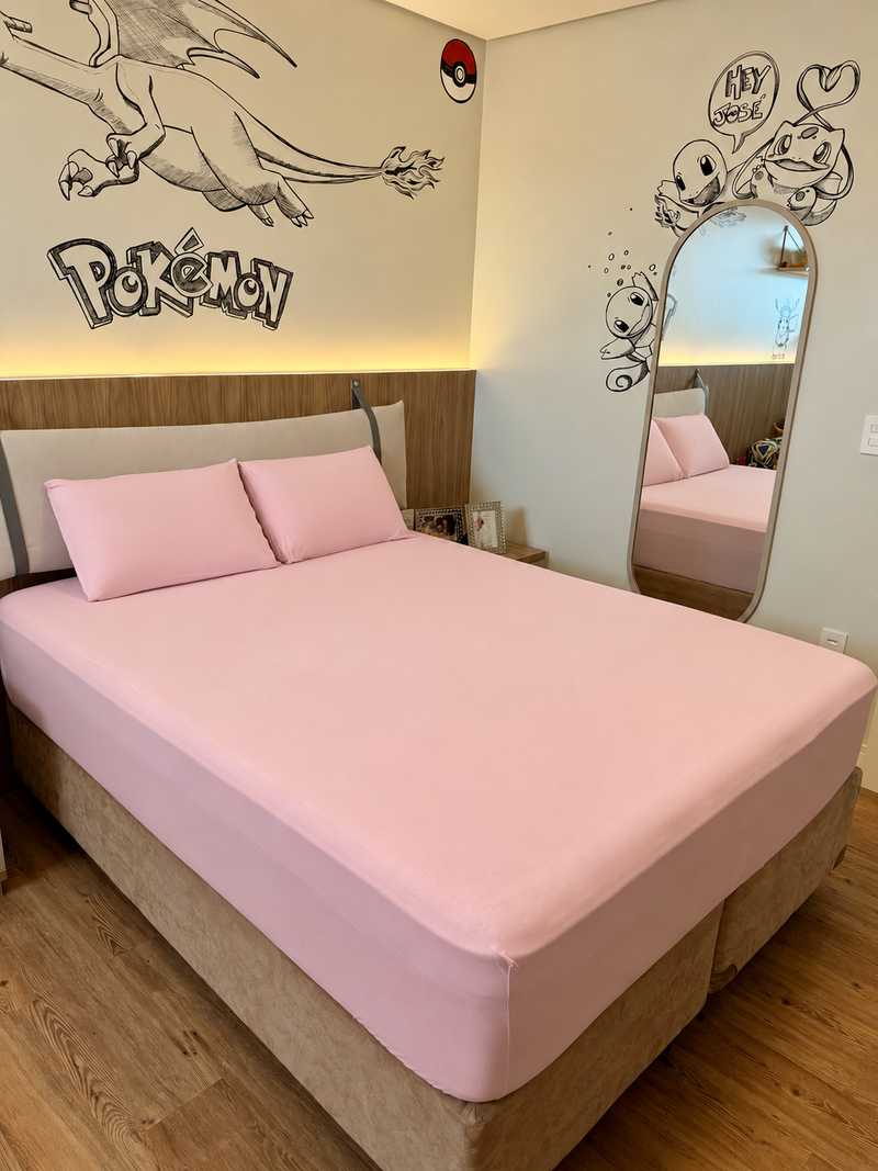 Lençol Queen Algodão com Elástico Rosa Bebê