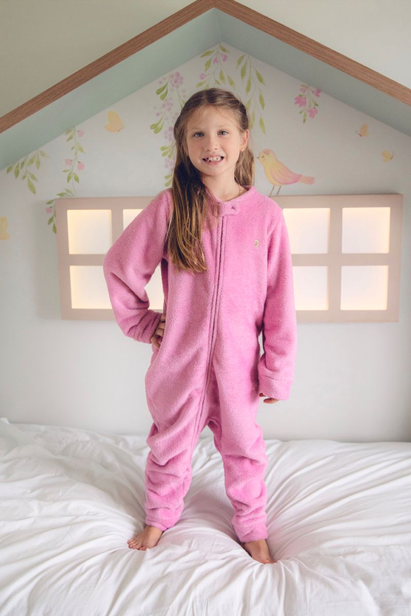 Macacão Fleece Zíper Com Punho Rosa
