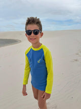 Conjunto Praia e Camiseta Sunga Boxer Azul e Neon
