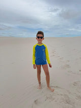 Conjunto Praia e Camiseta Sunga Boxer Azul e Neon