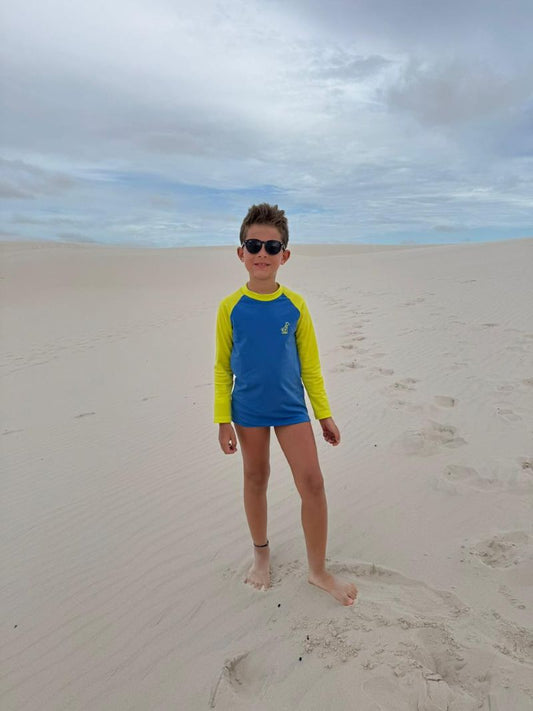 Conjunto Praia e Camiseta Sunga Boxer Azul e Neon