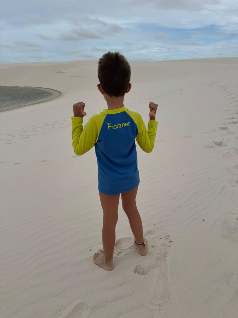 Conjunto Praia e Camiseta Sunga Boxer Azul e Neon