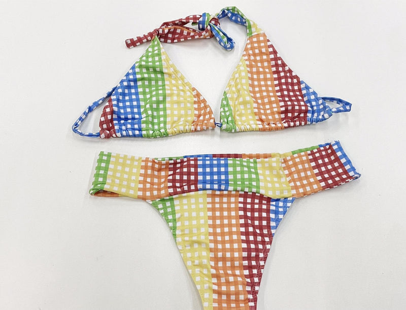 Biquíni Feminino + Saída Praia Xadrez Colorido (Peça Foto)